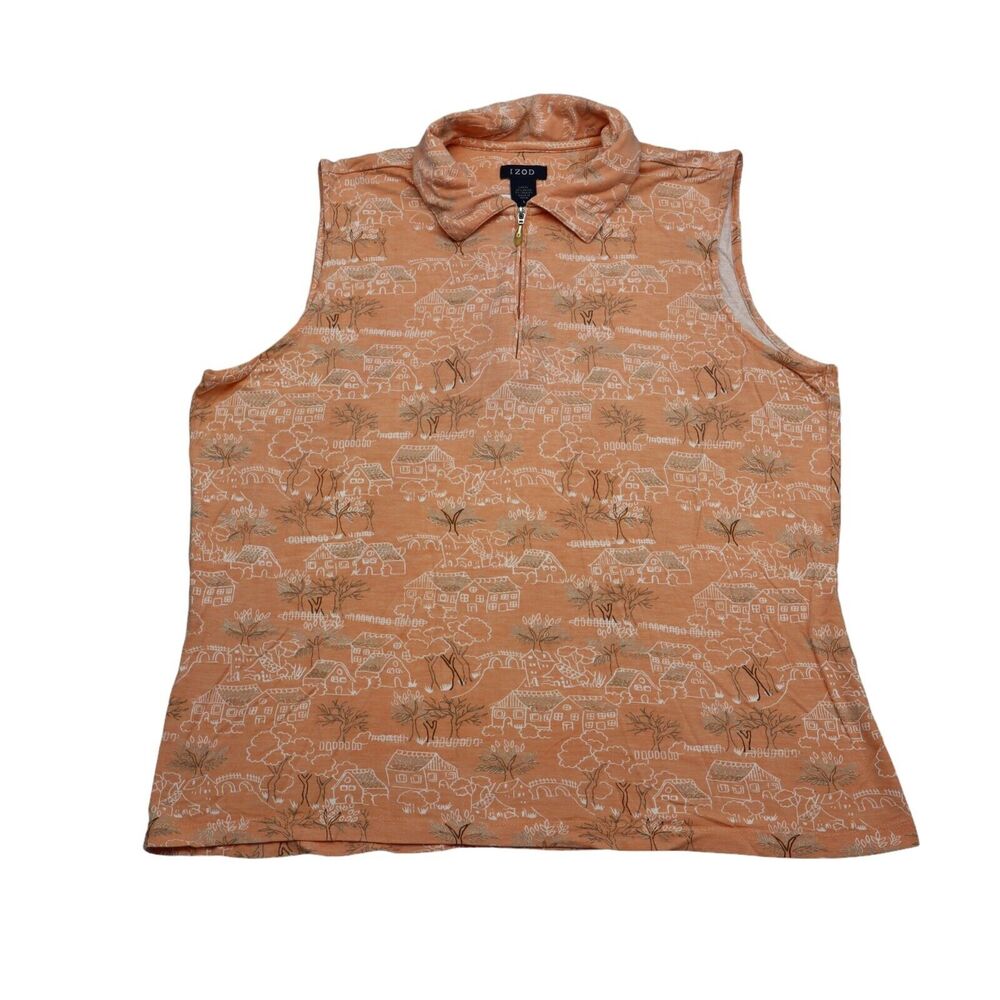 IZOD Shirt Womens L Orange Sleeveless Collared Chest Zip Stretch Knit Top